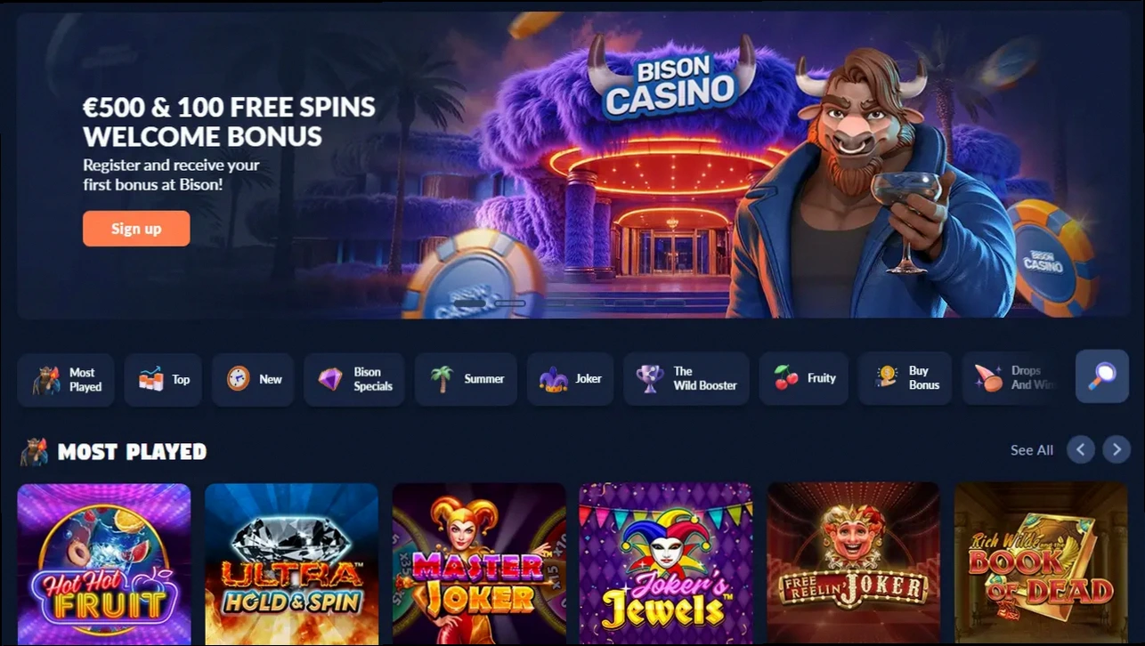 Bison Casino 100% tot €500 + 100 Gratis Spins welkomstbonus